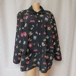 Maggie Barnes Women Size 1X  Black Quilted Jacket with Floral Accents